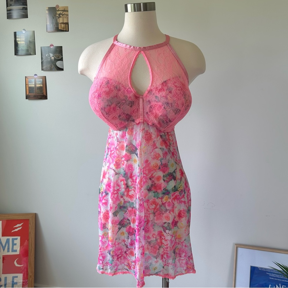 Sz_2XL | Demi Push Up Lace High Neck Halter Mesh Chemise Sleep Gown